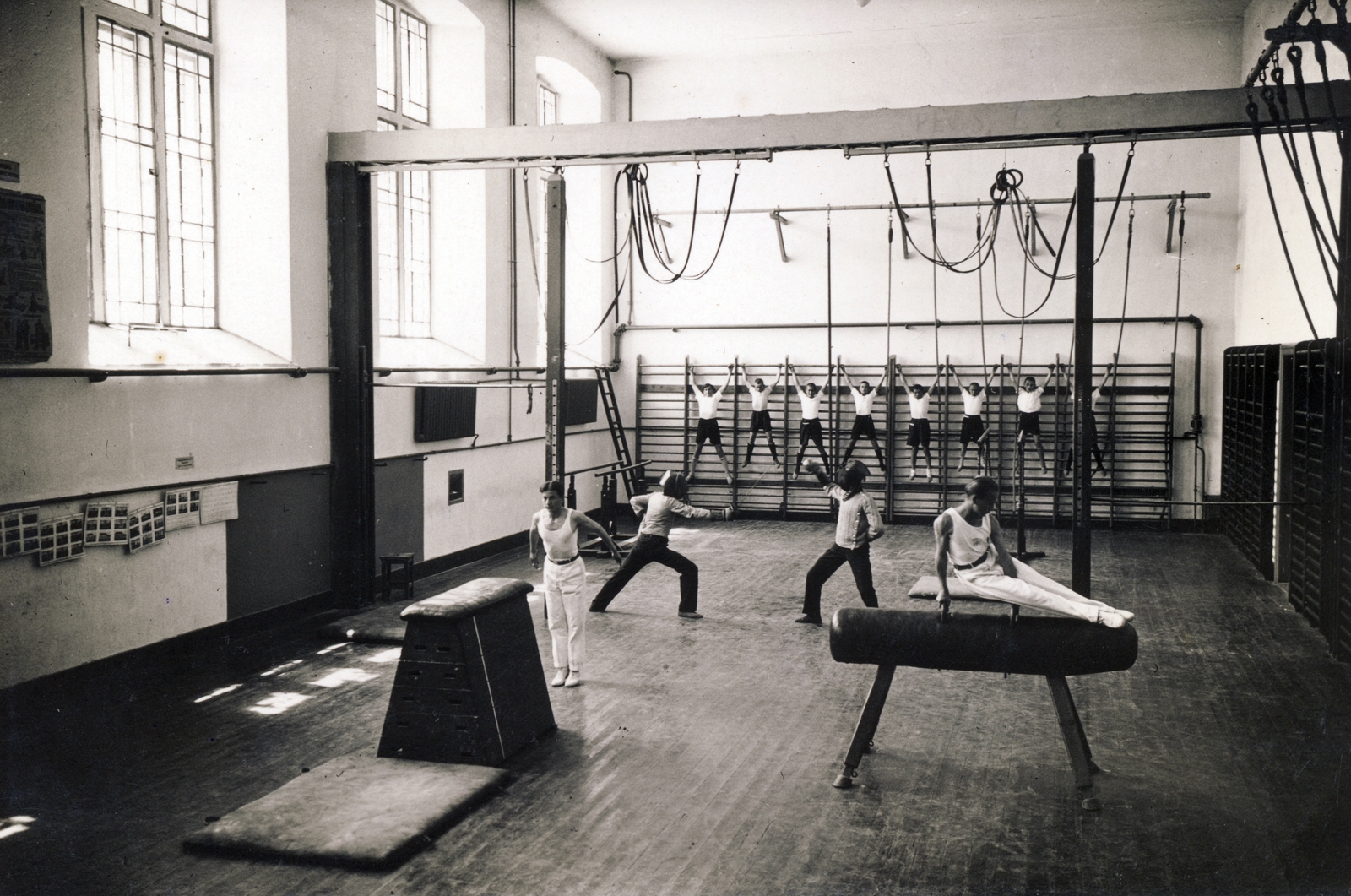 Hungary, Pécs, a jezsuita Pius Gimnázium és Internátus tornaterme., 1914, Jezsuita Levéltár, pommel horse, gym, gymnastic mat, wall-bars, jump box, Fortepan #100119
