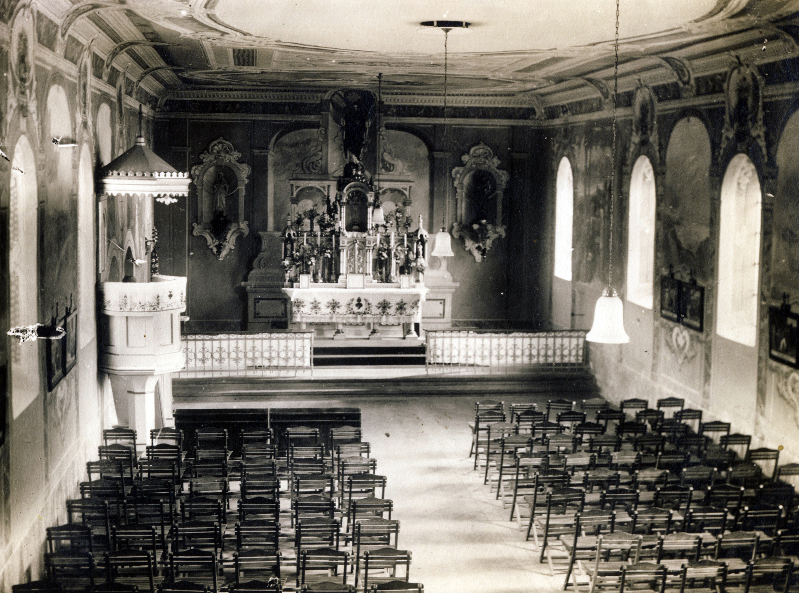 Hungary, Mezőkövesd, a Jézus-társaság temploma, a mezőkövesdi Kistemplom., 1926, Jezsuita Levéltár, pulpit, altar, church interior, Fortepan #100270