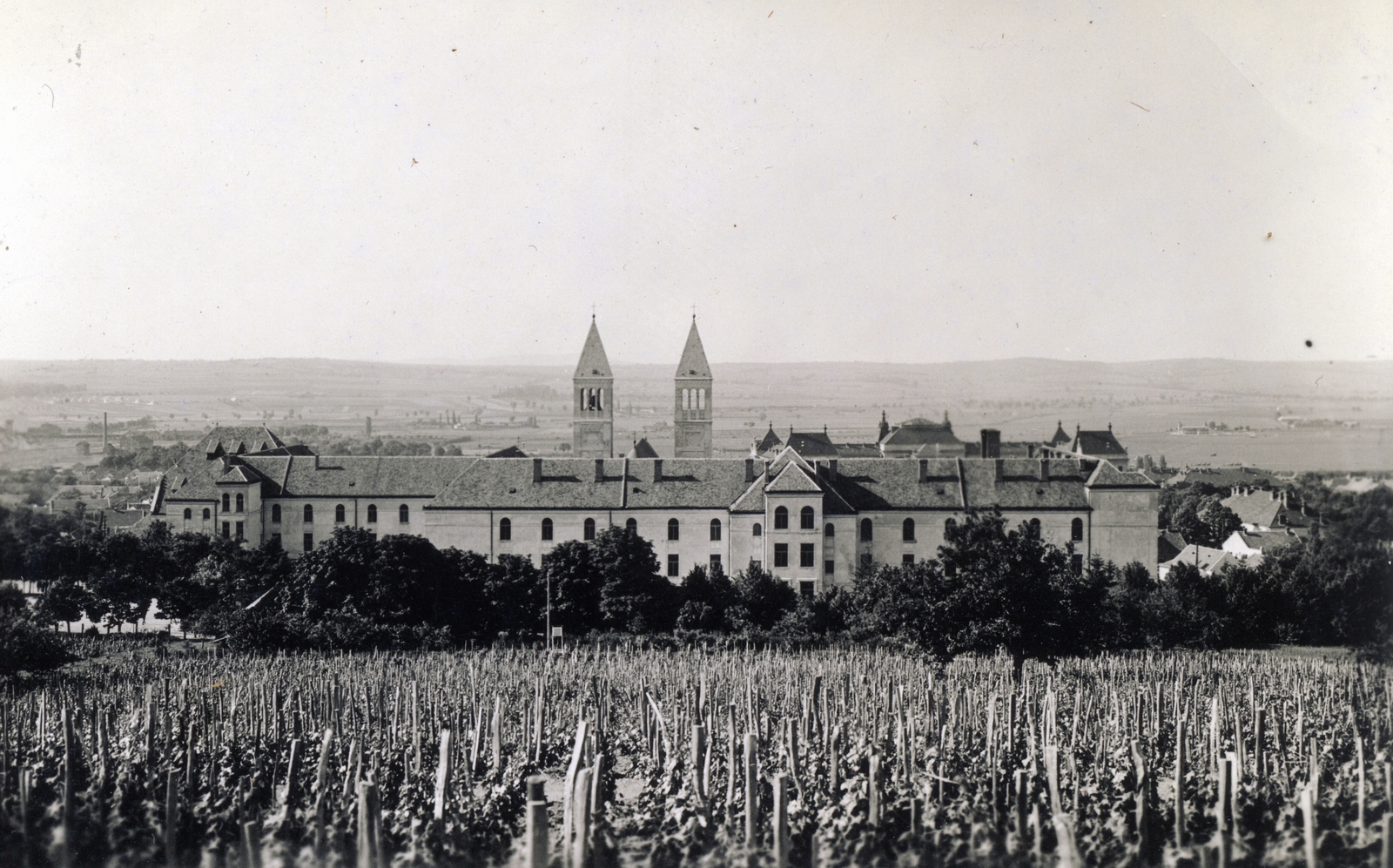 Hungary, Pécs, a jezsuita Pius Gimnázium és Internátus (később Pécsi Tudományegyetem) épülete és a Jézus Szíve (Pius) templom tornyai., 1933, Jezsuita Levéltár, church, Catholic Church, Fortepan #100387