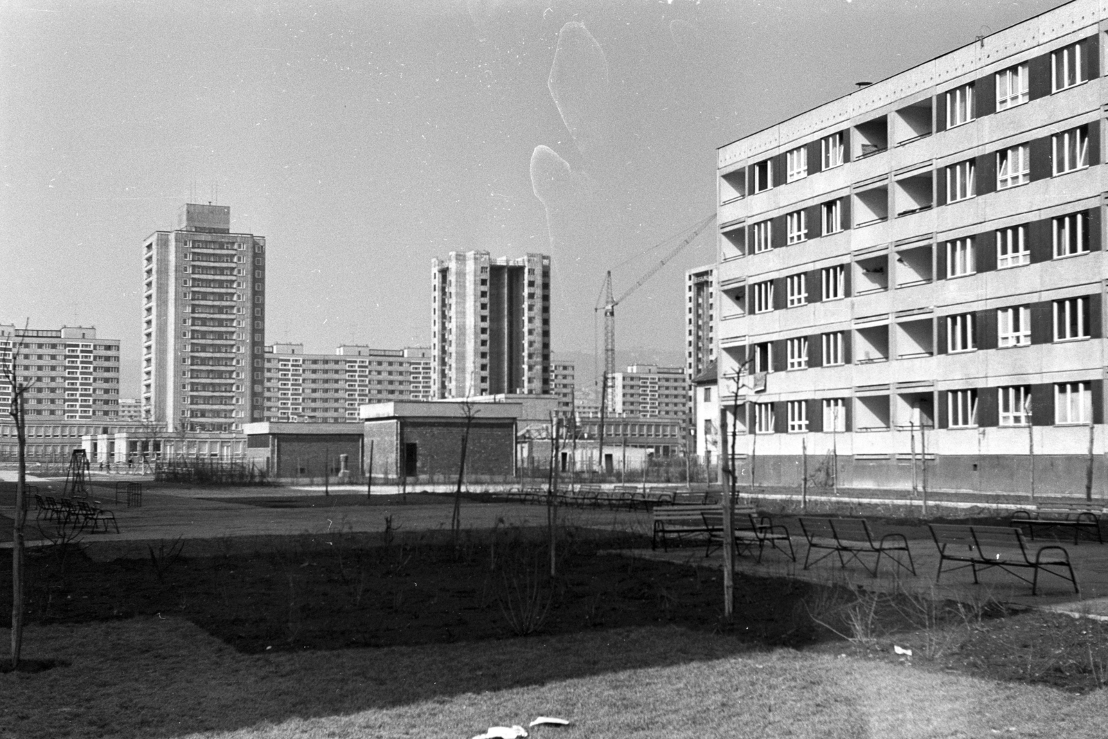 Magyarország, Budapest XI., Fejér Lipót (Török Ignác) utcai toronyházak a Petzvál József utca irányából nézve, jobbra a Mérnök utca 28-34., 1969, Erdei Katalin, lakótelep, daru, magasház, Budapest, Kelenföldi lakótelep, Fortepan #100905
