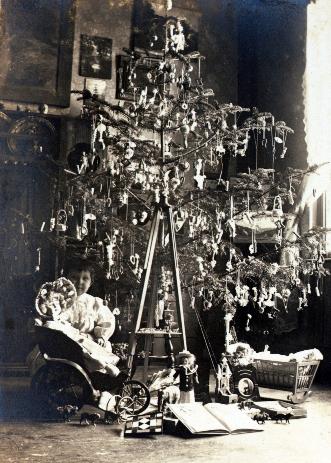 1911, Gyollai Jánosné, Christmas, toy doll, christmas tree, baby carriage, toy animal, Fortepan #100978
