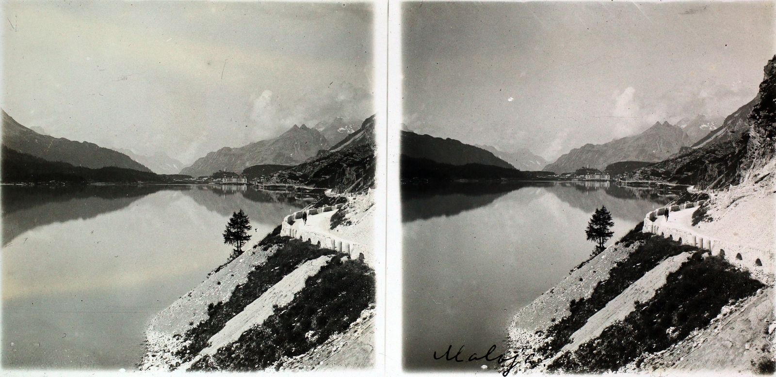 Switzerland, Maloja, Sils-tó (Silsersee), háttérben a Maloja Palace Hotel., 1910, Kiss László, hotel, Renaissance Revival, stereophoto, Kuoni Rau-design, Jules Rau-design, Fortepan #101096