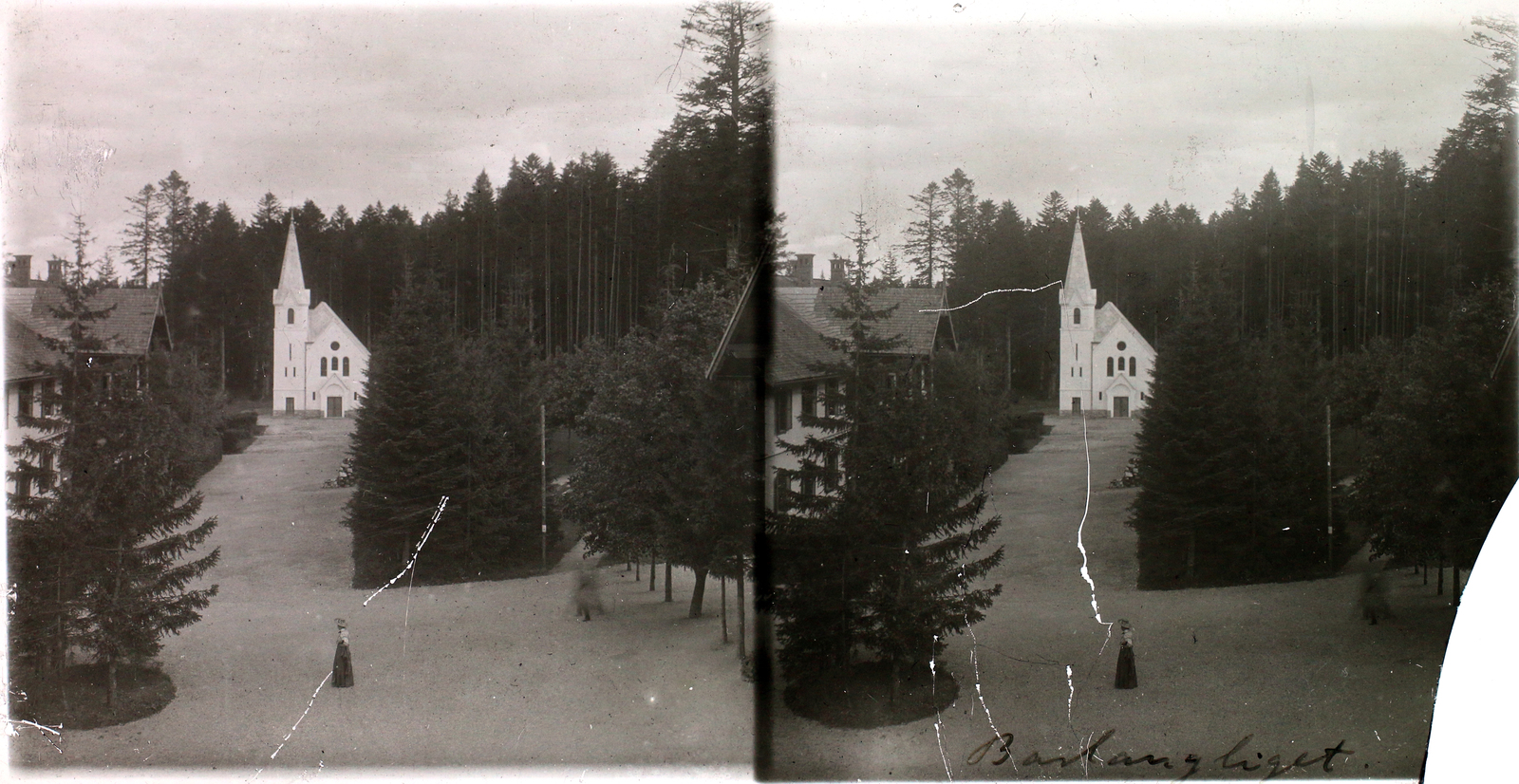 Slovakia,High Tatras, Hrušov, Barlangliget üdülőhely (ekkor Szepesbélához tartozott, ma a város része), szemben az evangélikus templom., 1910, Kiss László, church, stereophoto, Tatra Mountains, Fortepan #101109