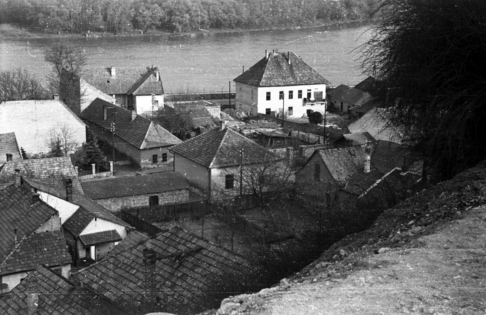 Magyarország, Szentendre, kilátás a Szamár-hegyről a Bogdányi út (Vöröshadsereg utca) épületei és a Duna korzó (Somogyi-Bacsó part) felé., 1972, Magyar Pál, Fortepan #101340