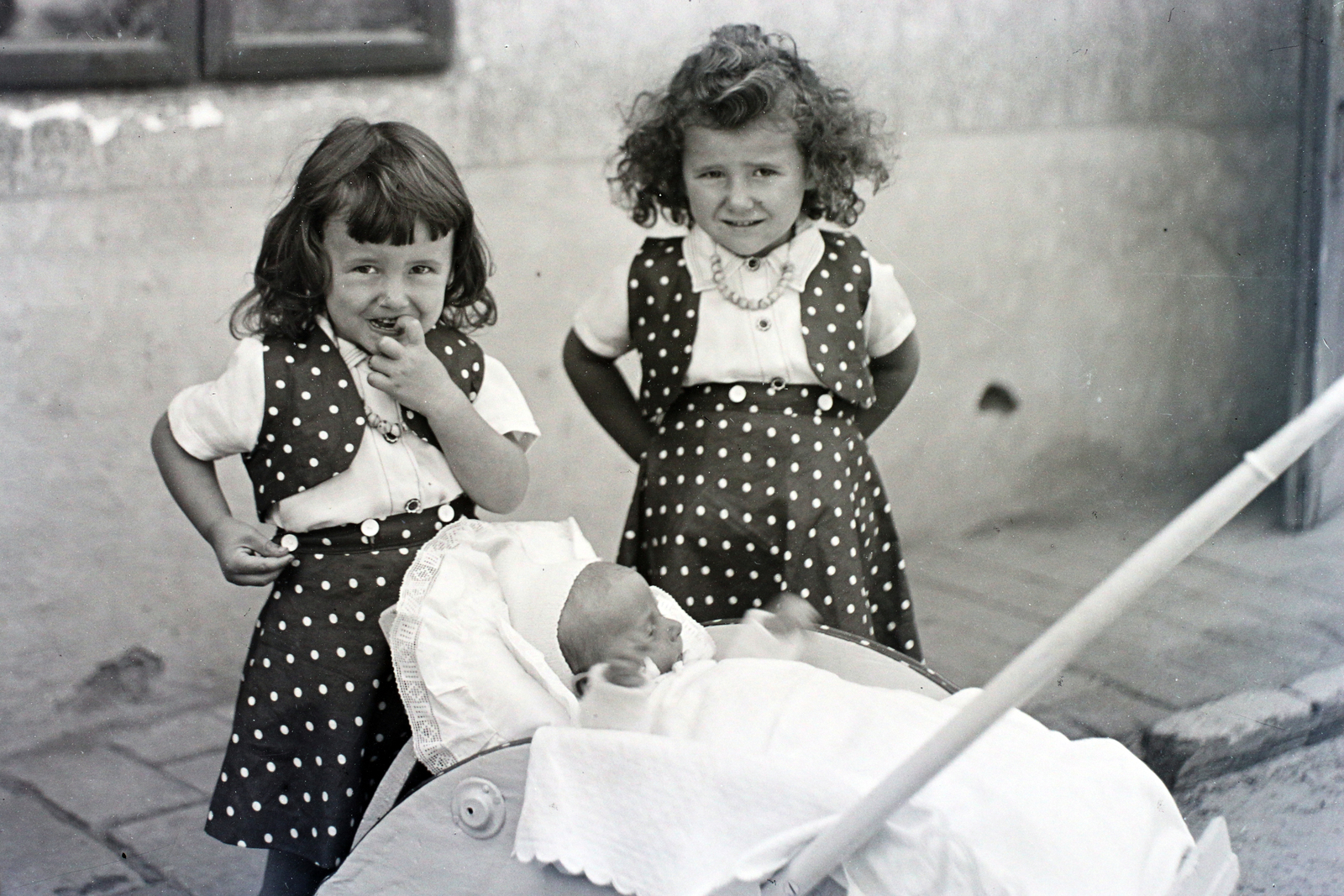 1936, Rigó László, baby carriage, brothers, dotted dress, girl, newborn, Fortepan #101673