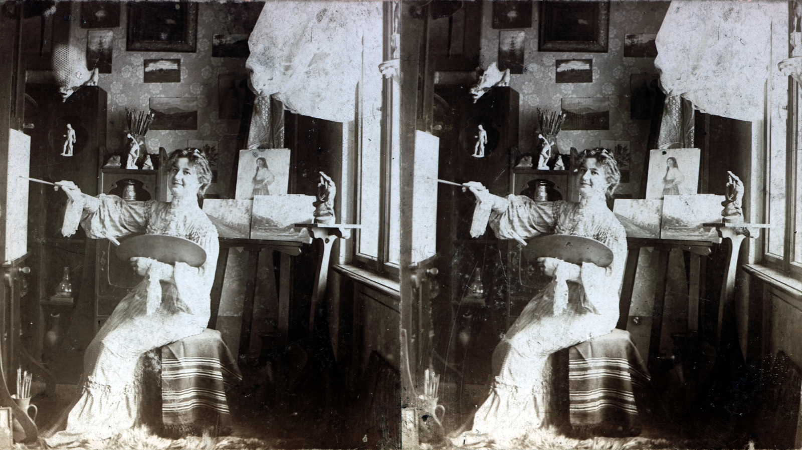 Románia,Erdély, Brassó, Elena Mureșianu (született Elena Popovici) festőművésznő., 1905, Fortepan/Album007, sztereófotó, festés, hölgy, festőszerszám, Fortepan #101881