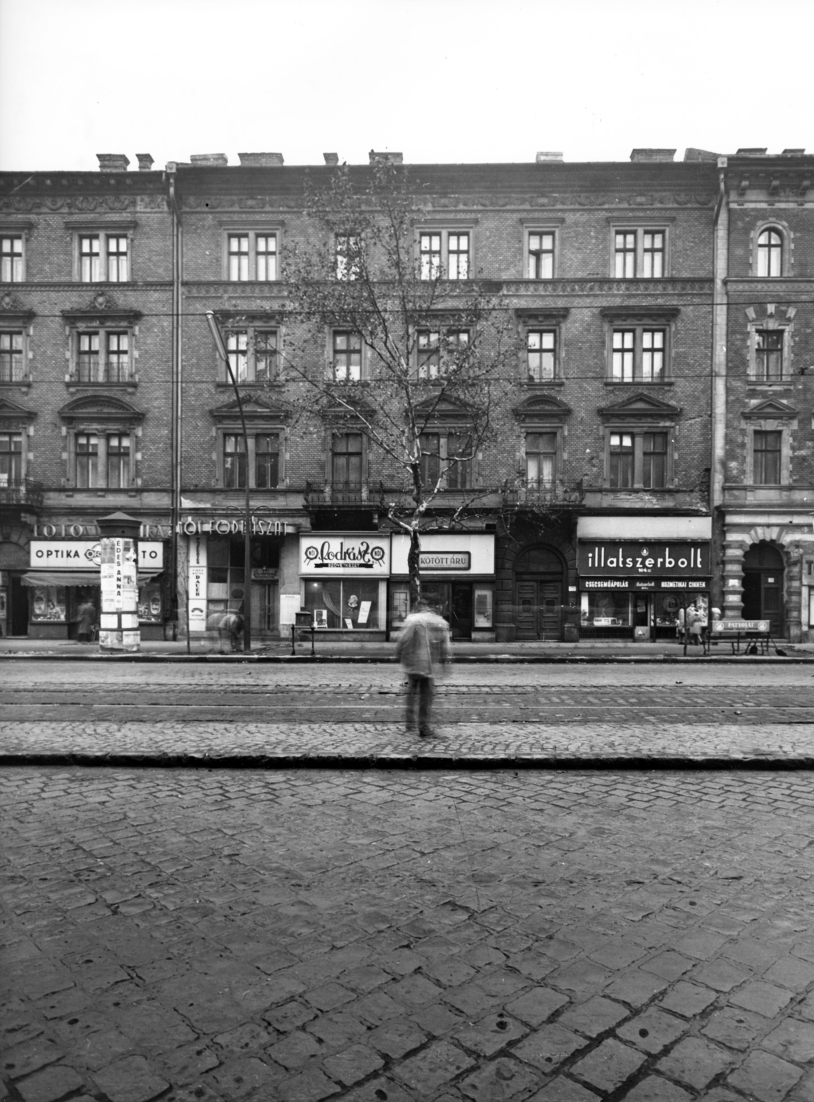 Magyarország, Budapest VI., Teréz körút 52. (Lenin körút 110.). A kép forrását kérjük így adja meg: Fortepan / Budapest Főváros Levéltára. Levéltári jelzet: HU_BFL_XV_19_c_11, 1958, Budapest Főváros Levéltára / Városrendezési és Építészeti Osztályának fényképei, A Fővárosi Tanács VB Városrendezési és Építészeti Osztályának, Budapest, fodrászat, illatszerbolt, kötöttáru, optikus, Fortepan #102935