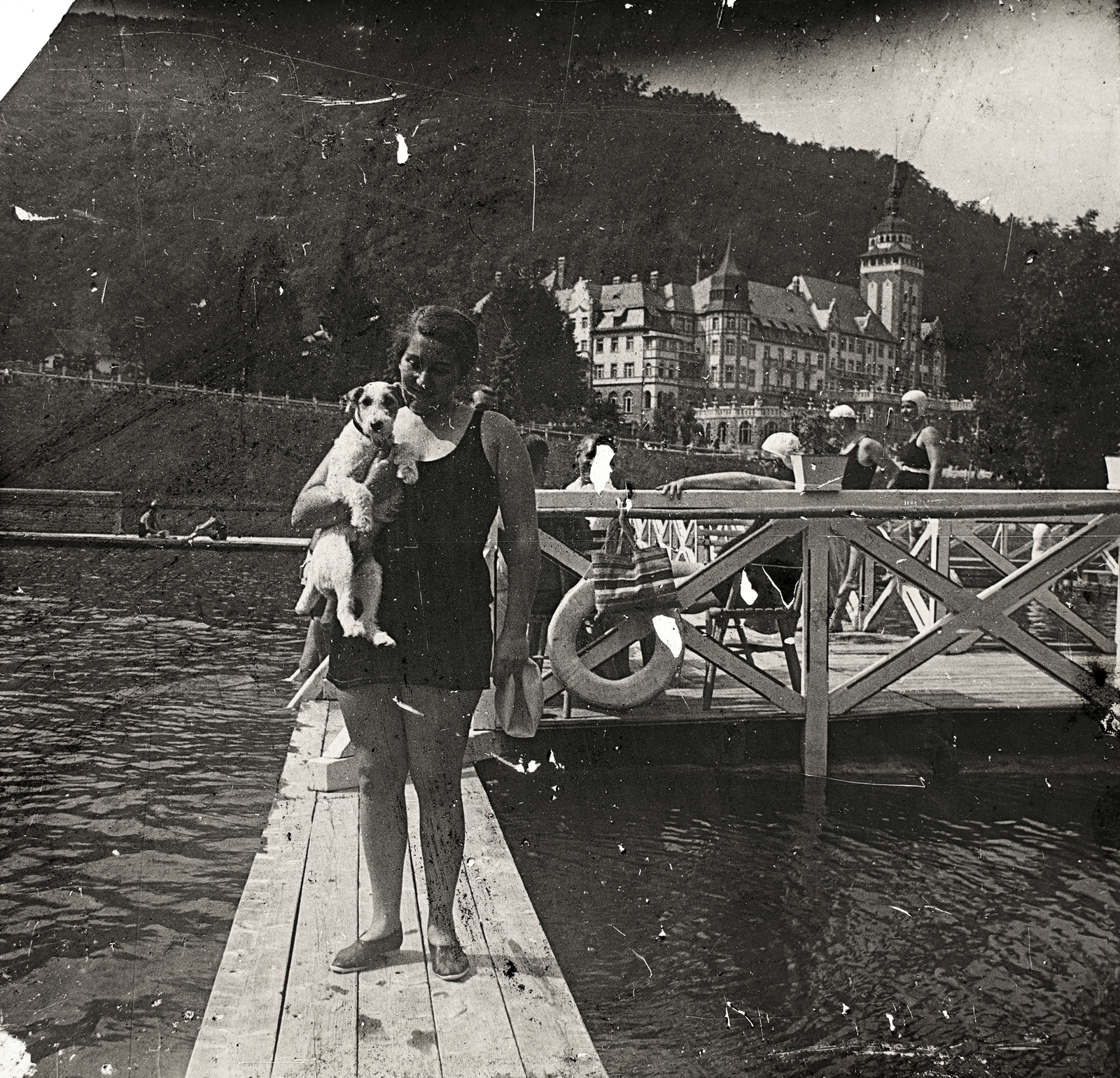 Hungary, Lillafüred, Miskolc, Hámori-tó, háttérben a Palotaszálló., 1931, Kurutz Márton, bathing suit, dog, lake, hotel, genre painting, boat, Renaissance Revival, pier, lifebelt, Kálmán Lux-design, Fortepan #10334