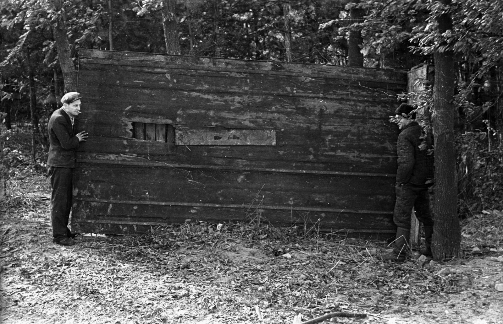 Hungary, A kép forrását kérjük így adja meg: Fortepan / Budapest Főváros Levéltára. Levéltári jelzet: HU.BFL.XV.19.c.10, 1957, Budapest Főváros Levéltára / BRFK helyszínelési fényképei, BRFK Hivatala Bűnügyi Technikai Osztály, men, woods, Fortepan #103946