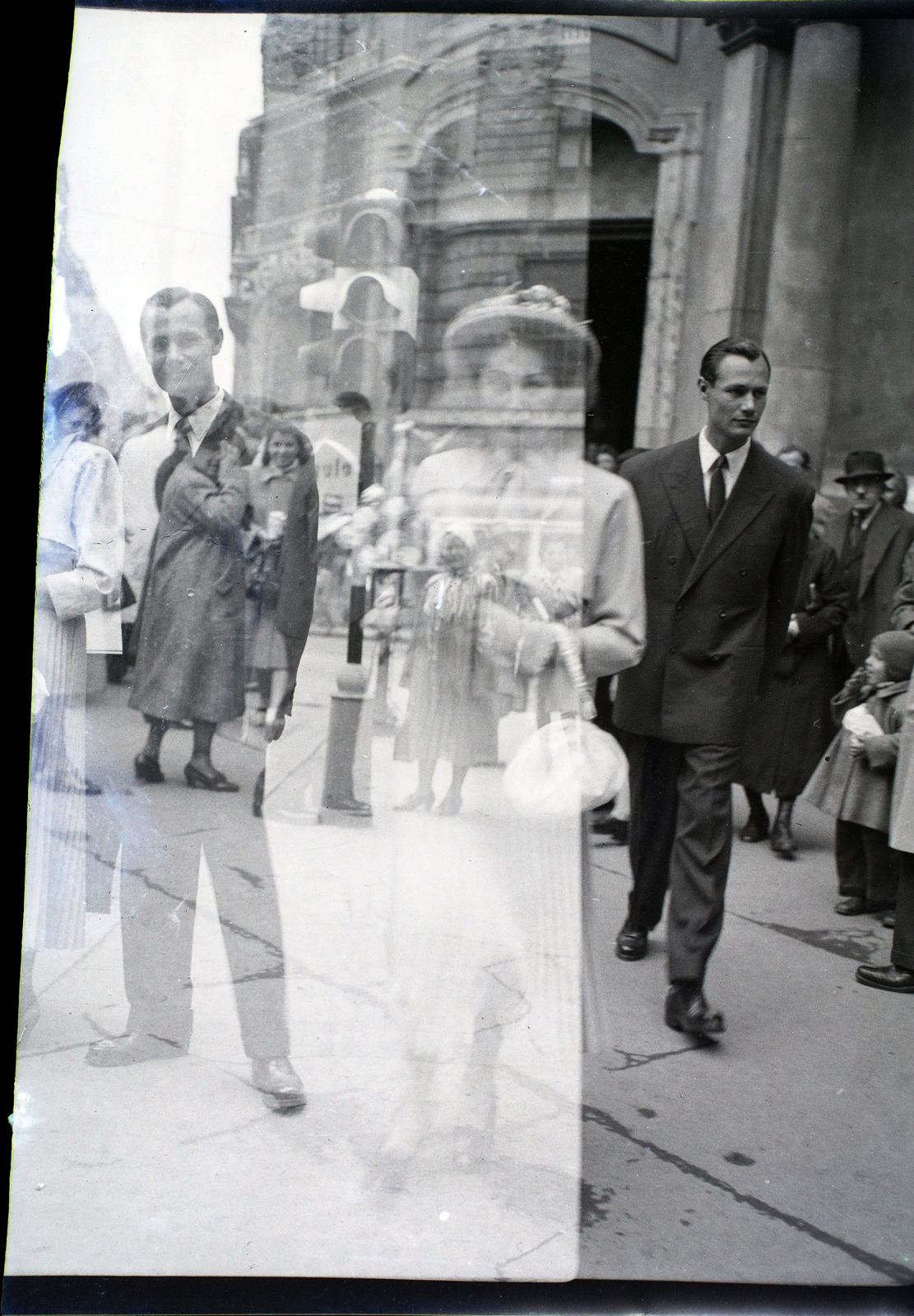 Hungary, Budapest V., Ferenciek tere, Belvárosi Ferences templom (rontott kép)., 1946, Hámori Gyula, erroneous photo, Budapest, double exposure, Fortepan #105101
