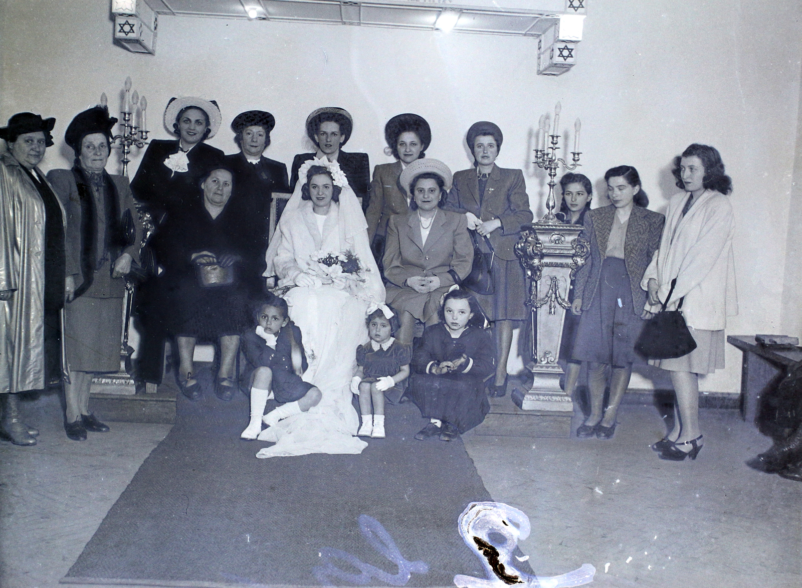 Hungary, 1946, Hámori Gyula, hat, wedding ceremony, tableau, women, interior, bride, handbag, candlestick, judaism, Budapest, yellow star, Fortepan #105214