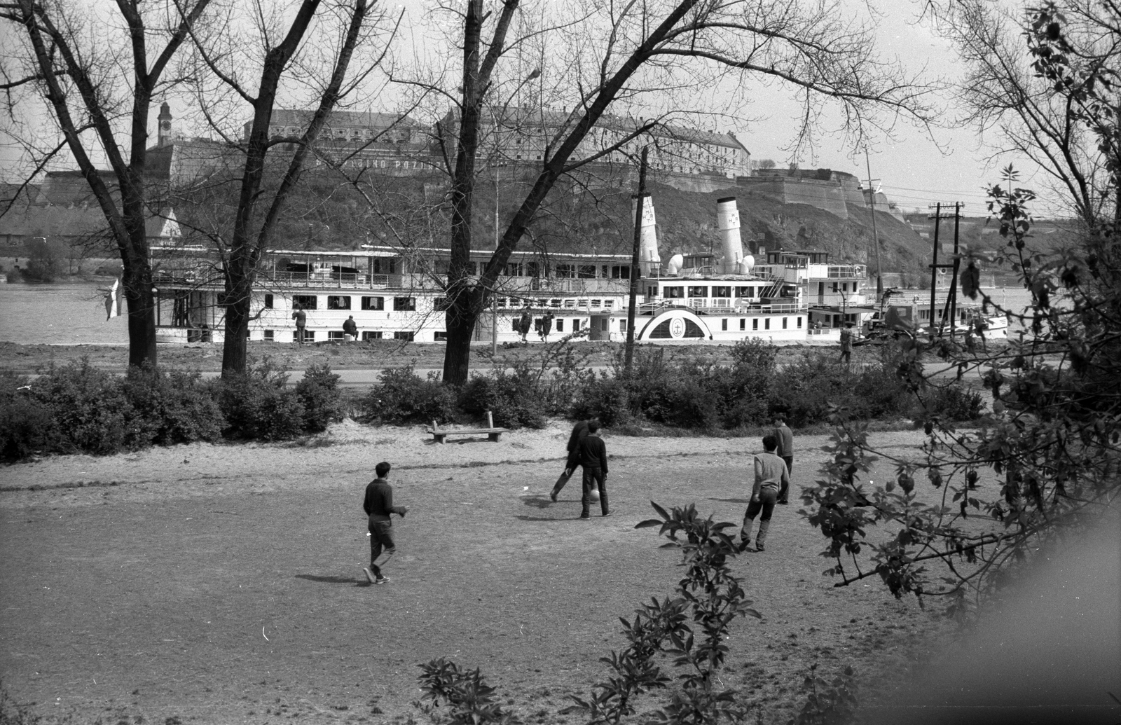 Szerbia, Újvidék, a Felszabadulás gőzhajó a Dunán, háttérben a Péterváradi vár., 1965, Hunyady József, hajó, Szőke Tisza II./ Felszabadulás/ Szent Imre/ Sas/ IV. Károly hajó, Fortepan #106053