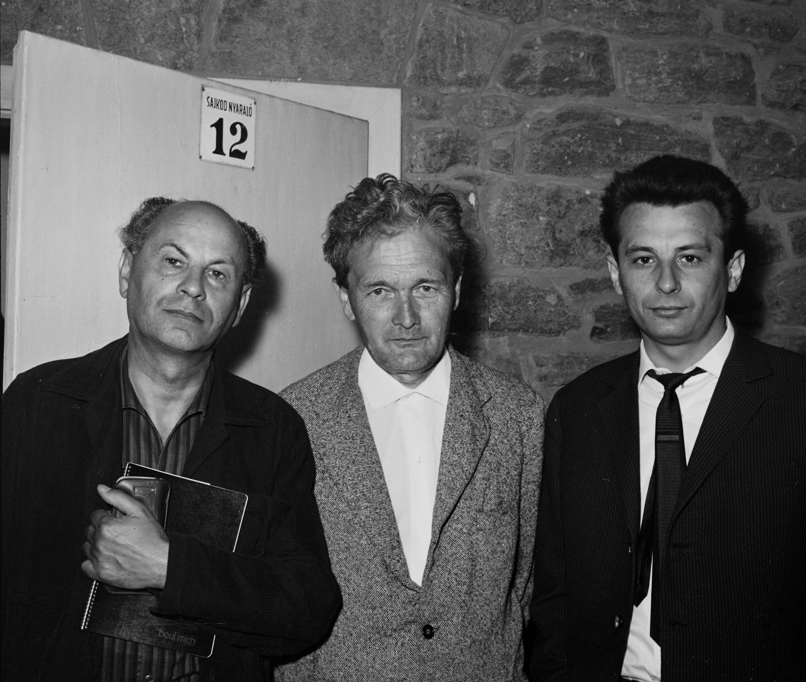 Hungary,Lake Balaton, Tihany, Sajkod, Mályva utca 6. (Nyaraló 12), balról Gereblyés László költő, Németh László író, Jovánovics Miklós újságíró., 1963, Hunyady József, holiday house, Fortepan #106789