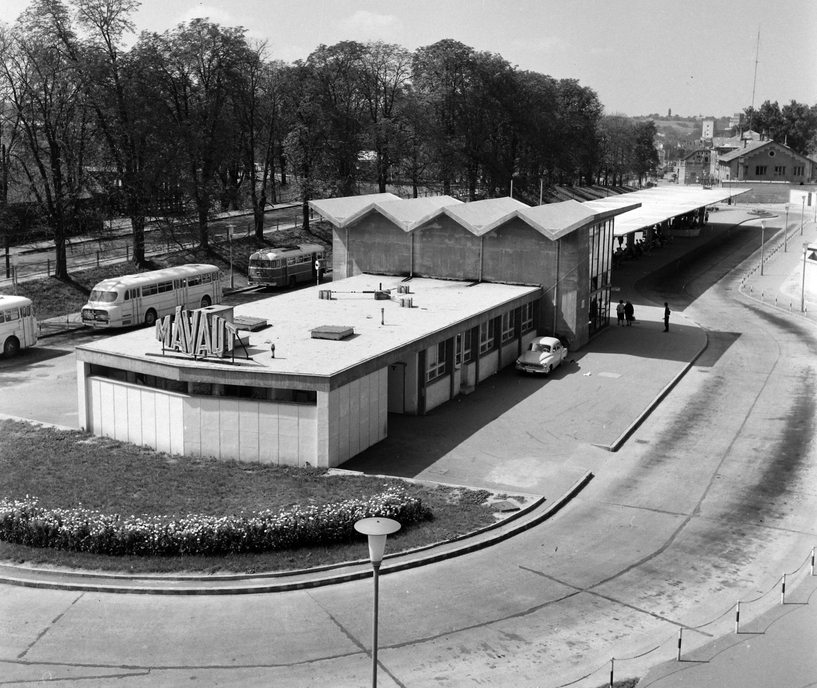 Magyarország, Kaposvár, Újpiac tér, autóbusz-állomás., 1968, UVATERV, autóbusz, magyar gyártmány, Ikarus-márka, MÁVAUT-szervezet, Ikarus 55, Ikarus 31/311, Ikarus 66, Wartburg 311/312, buszpályaudvar, autóbuszállomás, Fortepan #10701
