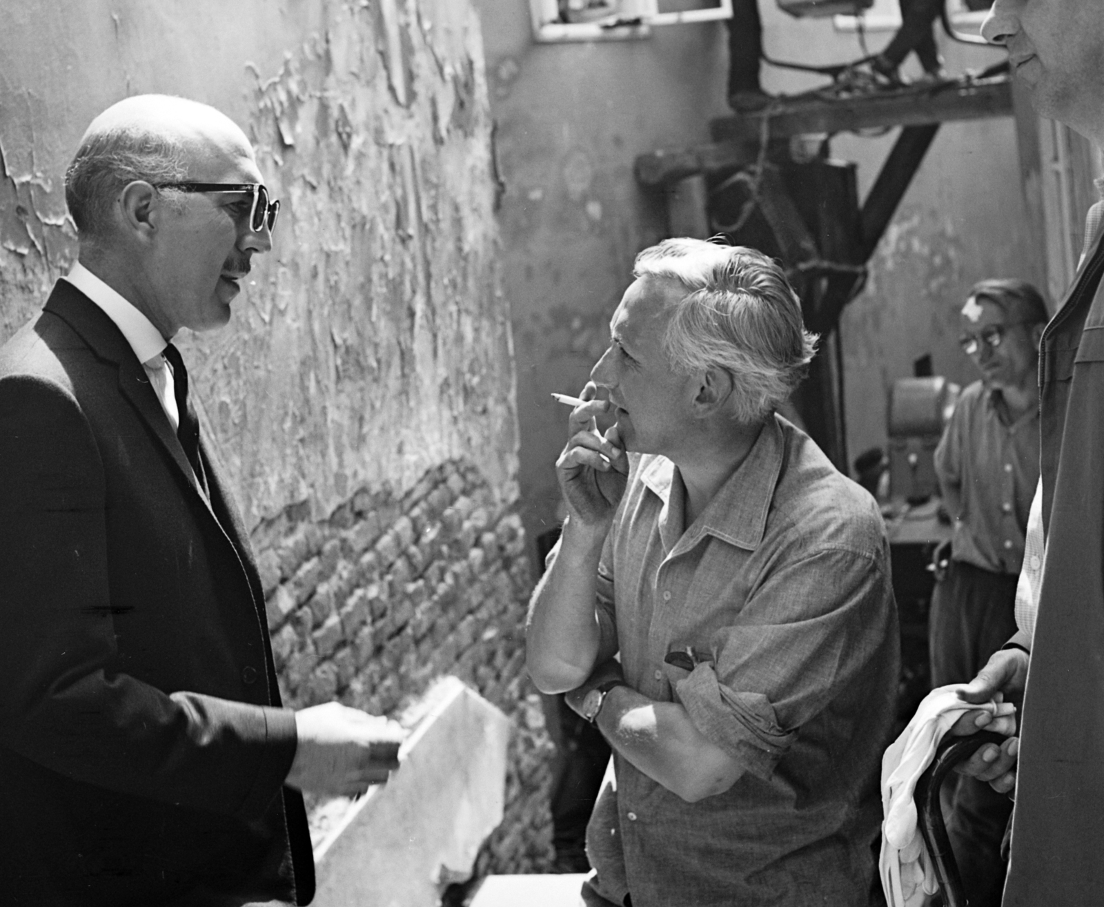 Magyarország, Győr, Lépcsőköz. A felvétel Az aranyfej című film forgatásakor készült., 1963, Hunyady József, filmforgatás, Fortepan #107075