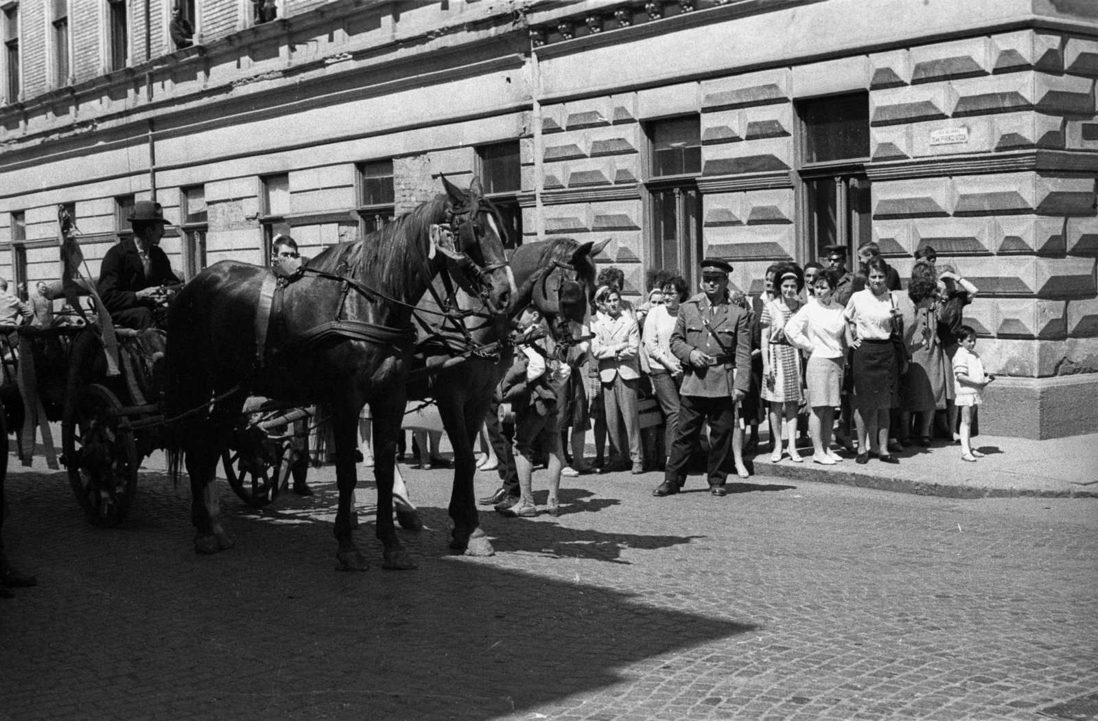 Hungary, Baja, Deák Ferenc utca - Bartók Béla utca sarok. A felvétel az Aranysárkány című film forgatásakor készült., 1966, Hunyady József, filming, horse, Horse-drawn carriage, cop, Fortepan #107273