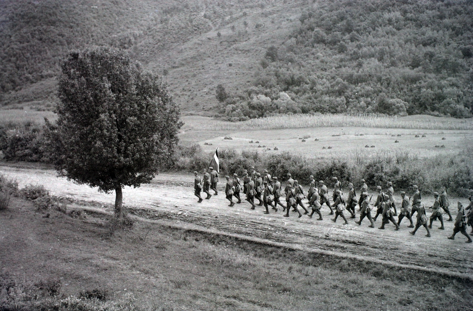 Románia,Erdély, Észak-Erdély. A felvétel a magyar csapatok bevonulása idején készült., 1940, Kókány Jenő, zászló, katona, menetoszlop, Fortepan #107435