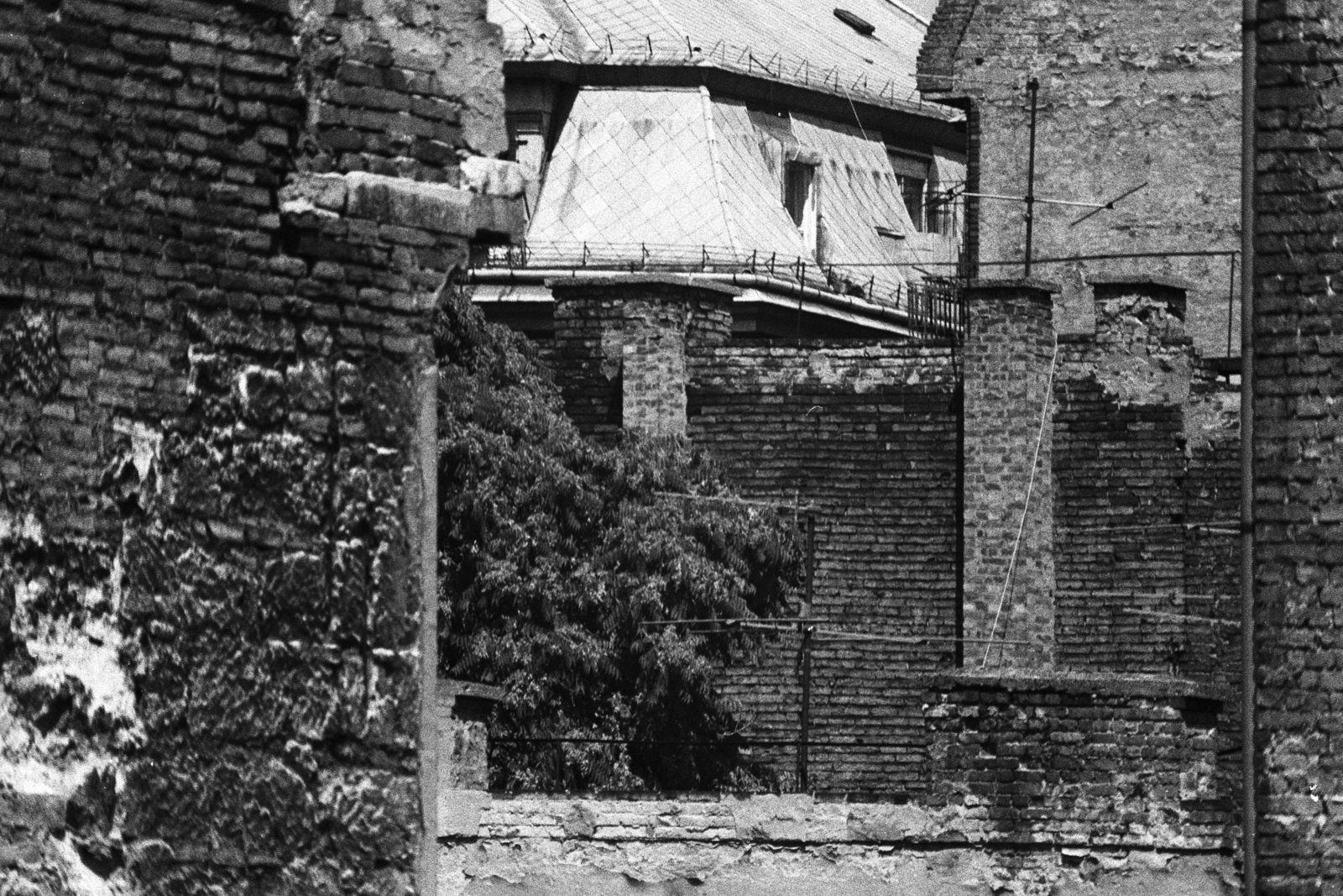 Hungary, Budapest VI., kilátás a Holló utca 11. tetőteraszáról a Király (Majakovszkij) utca - Vasvári Pál utca sarok felé., 1981, Makovecz Benjamin, Budapest, brick wall, Fortepan #107778