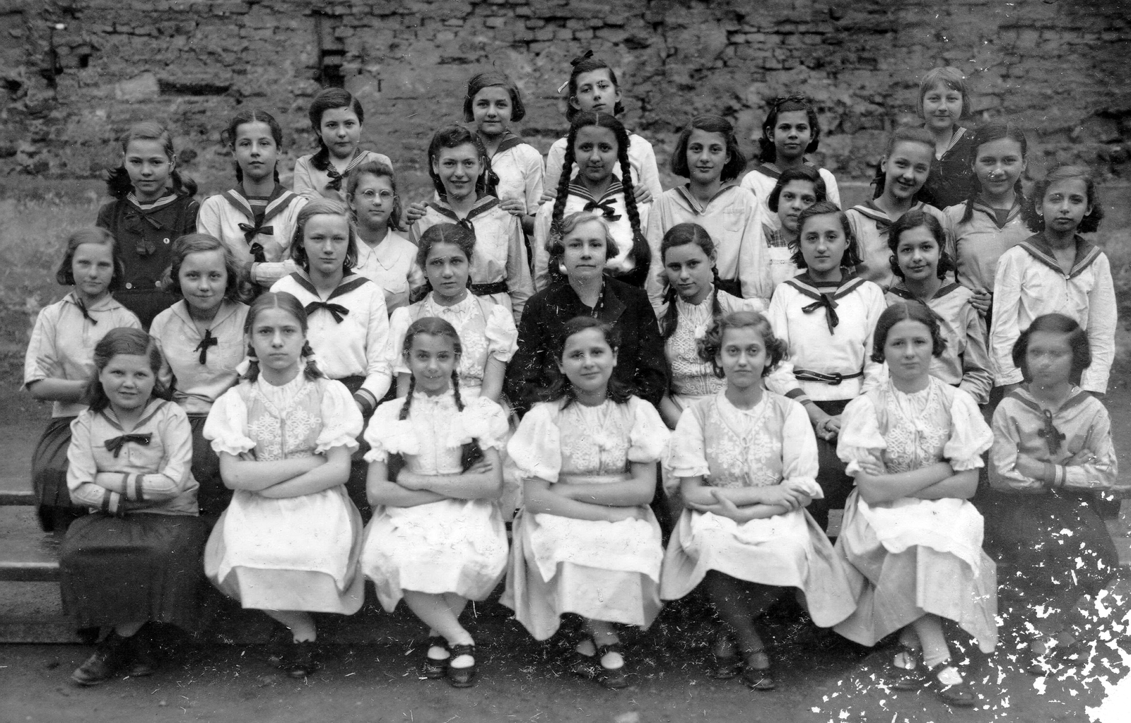 1938, Mészöly Leonóra, class photo, tableau, kids, sailor blouse, teacher, Fortepan #10784