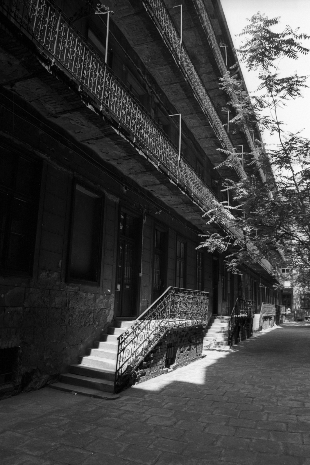 Magyarország, Budapest VII., Damjanich utca 28/b., 1982, Makovecz Benjamin, körfolyosó, bérház, fasor, Budapest, belső udvar, evangélikus, Fortepan #107857