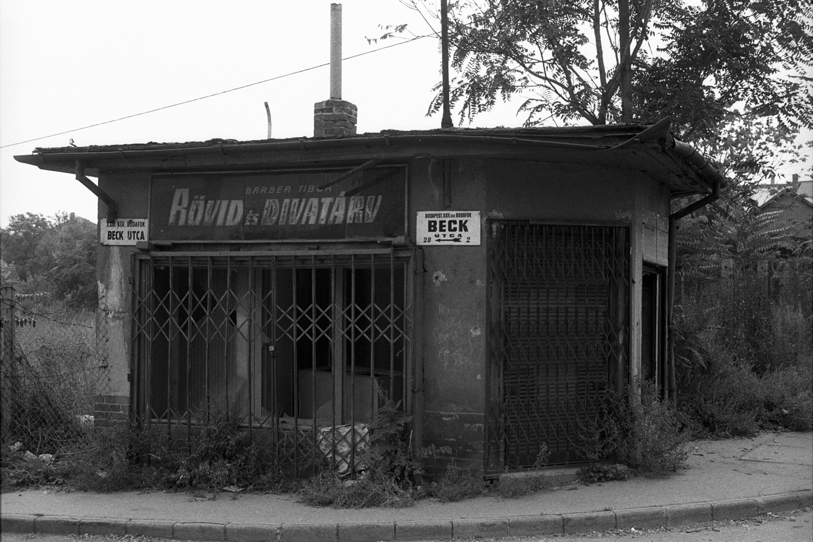 Magyarország, Budapest XXII., Budafok, Alsó Sas (Beck) utca 2., 1982, Makovecz Benjamin, Budapest, rövidáru, utcanévtábla, épület, lapostető, kémény, rács, Fortepan #107948