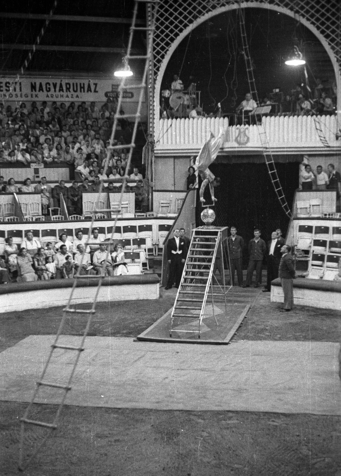 Magyarország, Városliget, Budapest XIV., Fővárosi Nagycirkusz., 1955, Hámori Gyula, zenekar, közönség, mutatvány, frakk, Budapest, artista, porond, kötélhágcsó, Fortepan #108574
