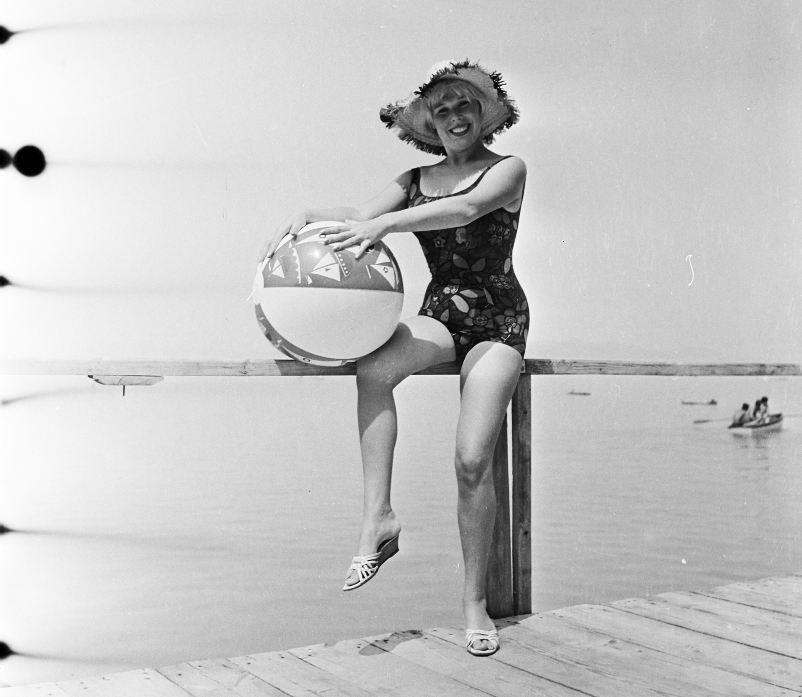 1960, Bauer Sándor, portrait, hat, bathing suit, beach ball, boat, pier, lady, Fortepan #109463