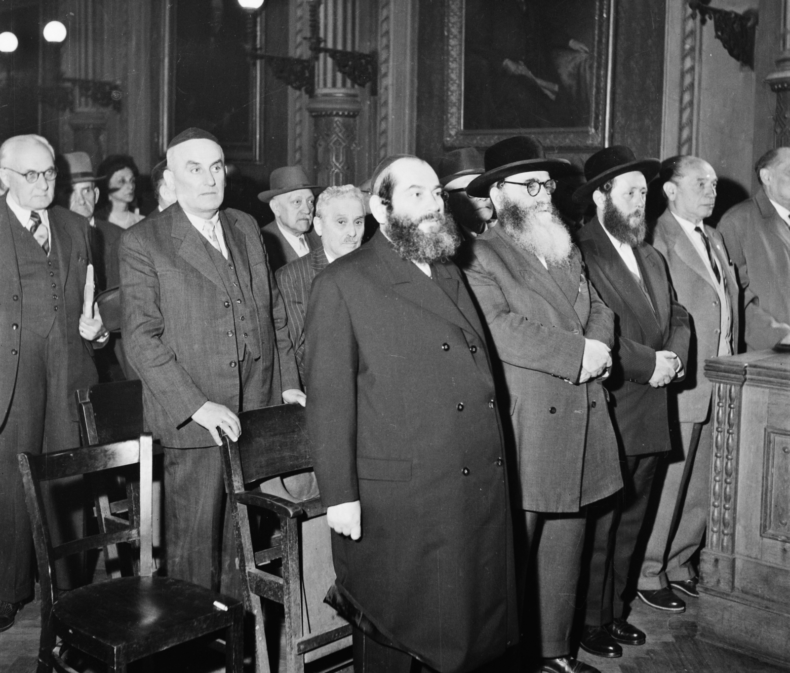 Hungary, Budapest VII., Síp utca 12., a Magyarországi Zsidó Hitközségek Szövetsége székházának díszterme. A első sorban bal szélen Weisz Márton az Ortodox Rabbitanács elnöke., 1961, Bauer Sándor, judaism, Budapest, Fortepan #109666