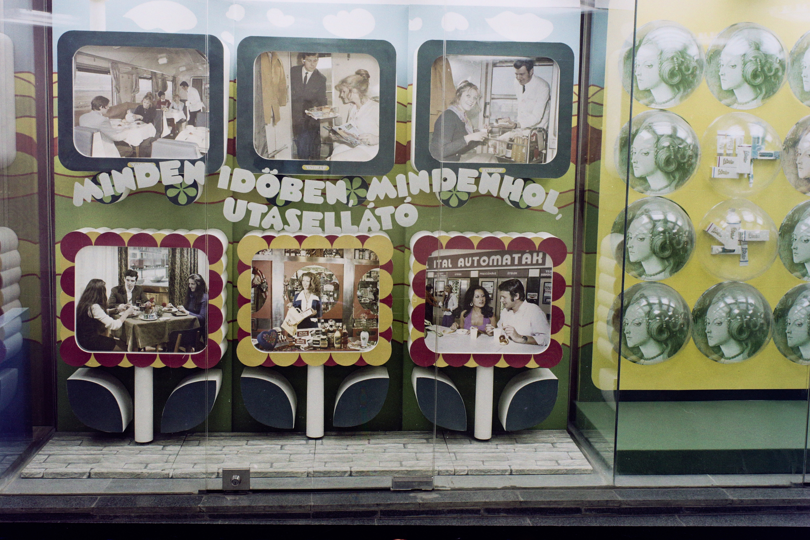 Magyarország, 1975, Bauer Sándor, színes, kirakat, utasellátó, Fortepan #109865