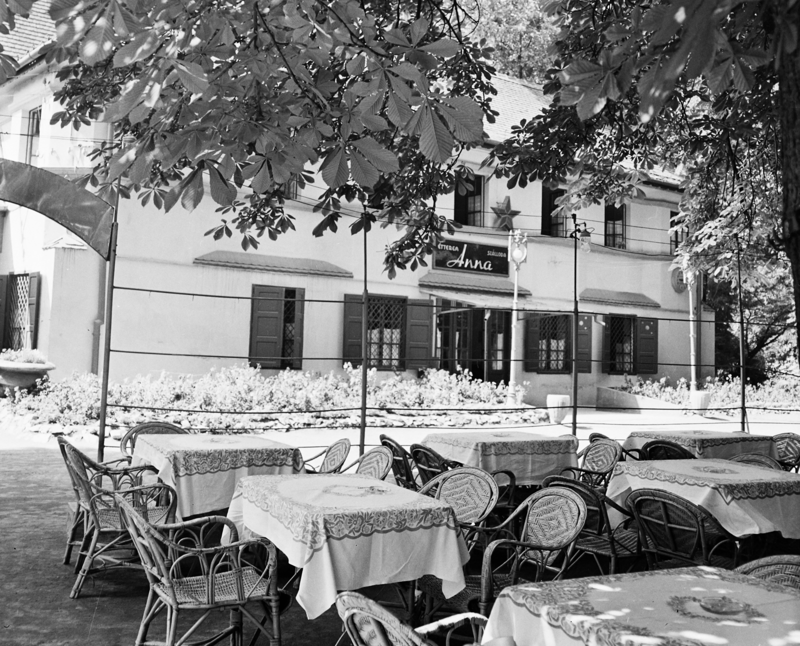 Hungary, Miskolc,Miskolctapolca, Anna presszó a szállóval szemben., 1960, Bauer Sándor, terrace, wicker chair, Fortepan #109949