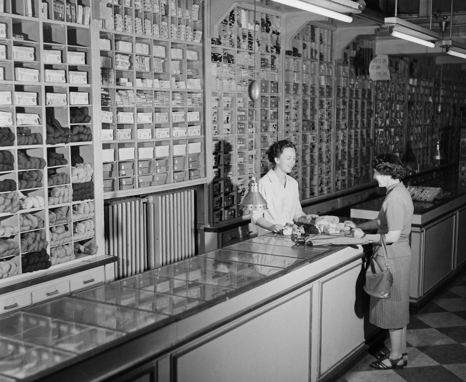 1958, Bauer Sándor, textile industry, shelf, counter, haberdashery, shop interior, Fortepan #110093