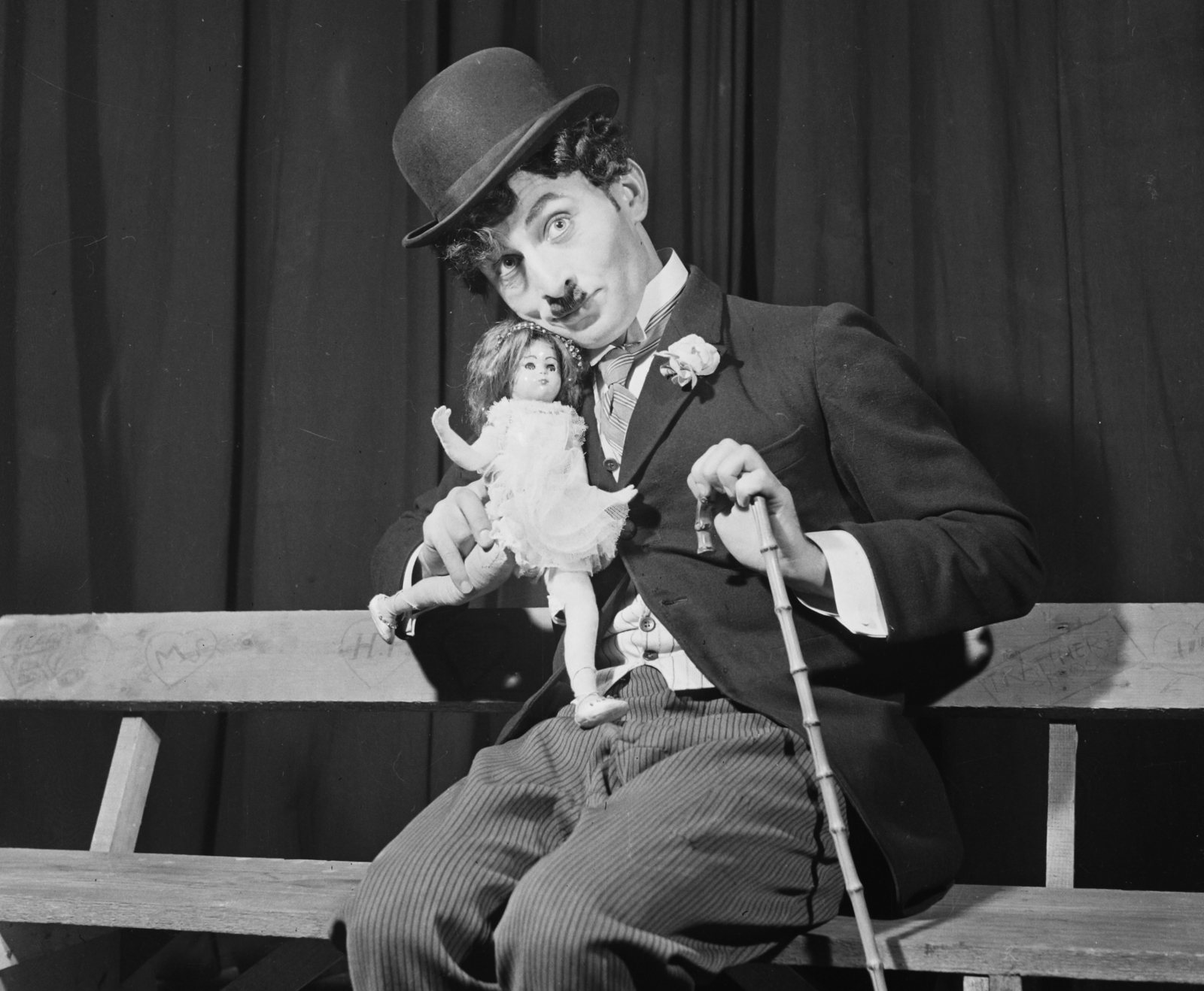 1960, Bauer Sándor, toy doll, costume, bowler hat, Chaplin portrayal, Fortepan #110323