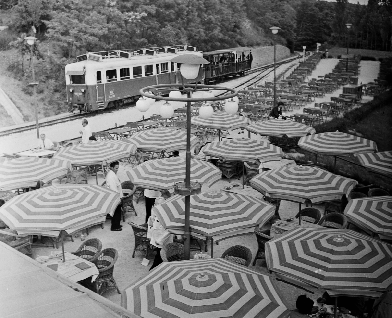 Hungary, Budapest II., Gyermekvasút (Úttörővasút), Szépjuhászné (Ságvári liget) állomás., 1959, Bauer Sándor, sunshades, Children's railway, Budapest, Fortepan #110352