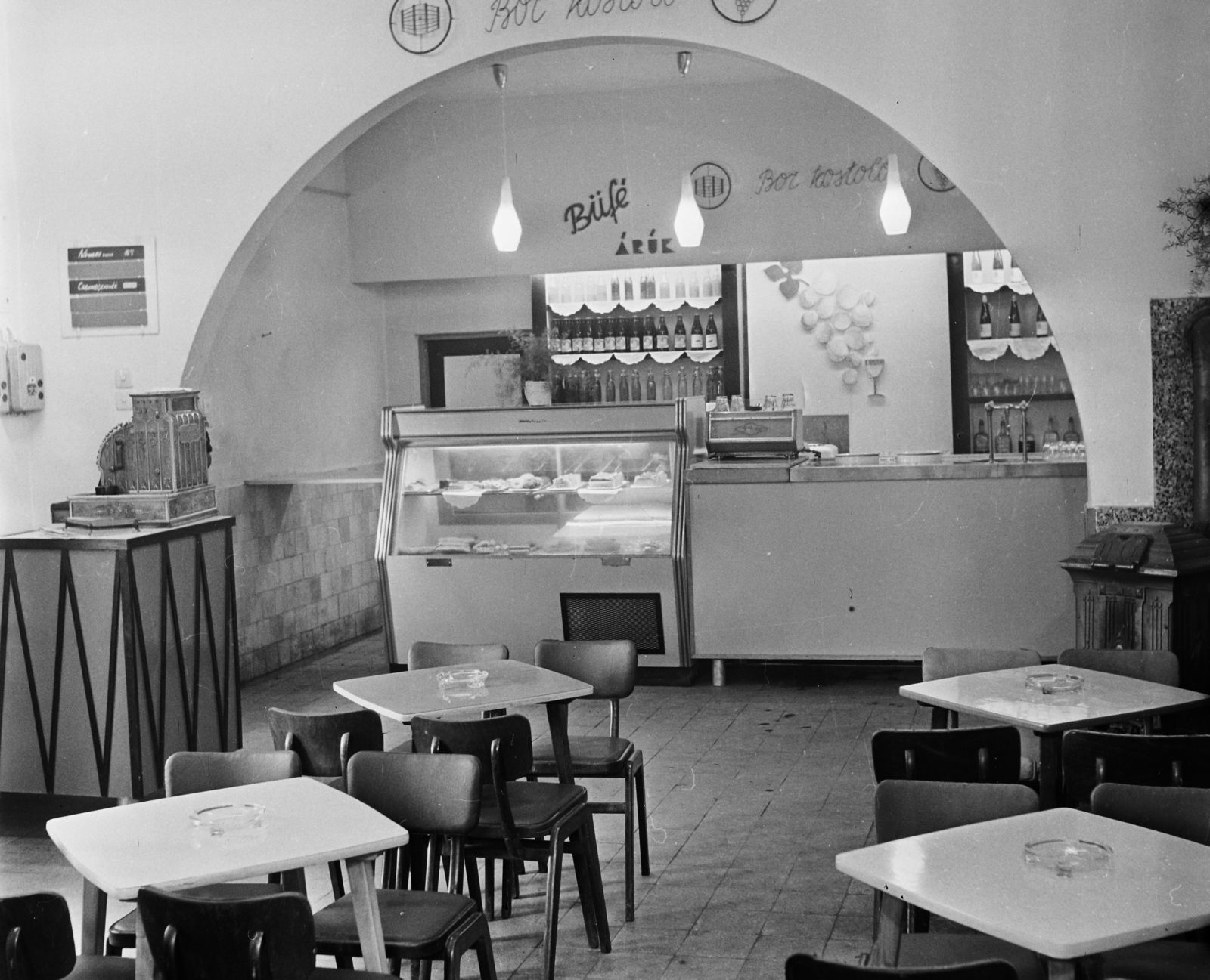 Hungary, Budapest XIX., Zrínyi utca 213., Zrínyi italbolt., 1964, Bauer Sándor, iron stove, interior, table, chair, arch, ashtray, coffee maker, cash register, Continental-brand, Budapest, Fortepan #110475