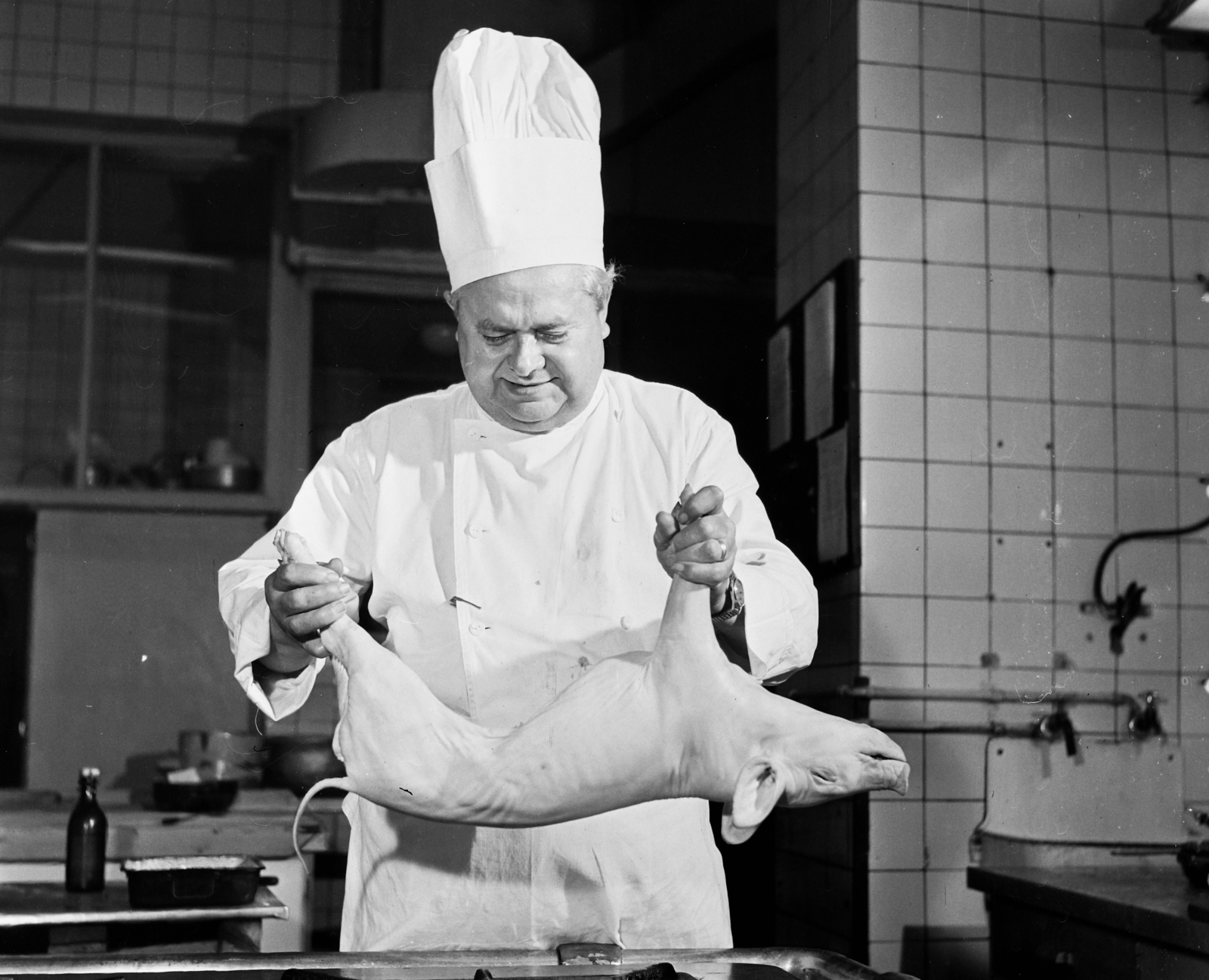 Hungary, Budapest XI., Gellért Szálló, konyha., 1960, Bauer Sándor, pig, kitchen, chef, Budapest, pig roasting, Fortepan #110482