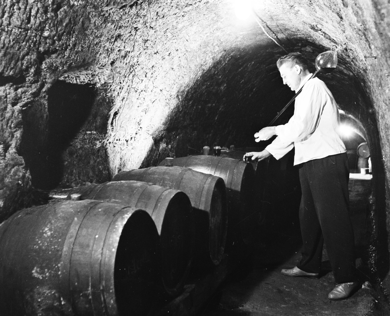 1962, Bauer Sándor, barrel, wine cellar, wine thief, Fortepan #110604