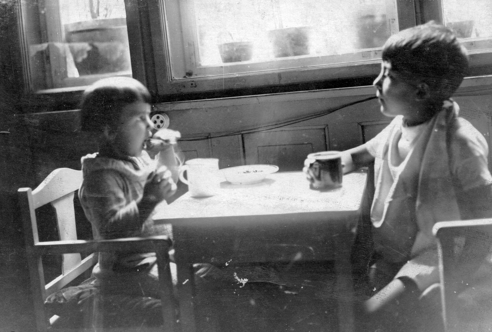 1930, Mészöly Leonóra, furniture, window, double portrait, kid, breakfast, plug, Fortepan #11090