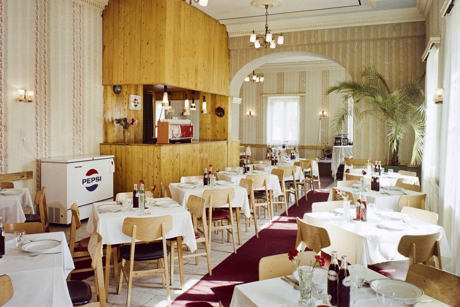 Hungary, Várpalota, Szabadság tér, Palota Szálló, étterem., 1974, Bauer Sándor, colorful, restaurant, flower, place, chair, tablecloth, coffee maker, vase, Pepsi-brand, arch, palm tree, Fortepan #111081