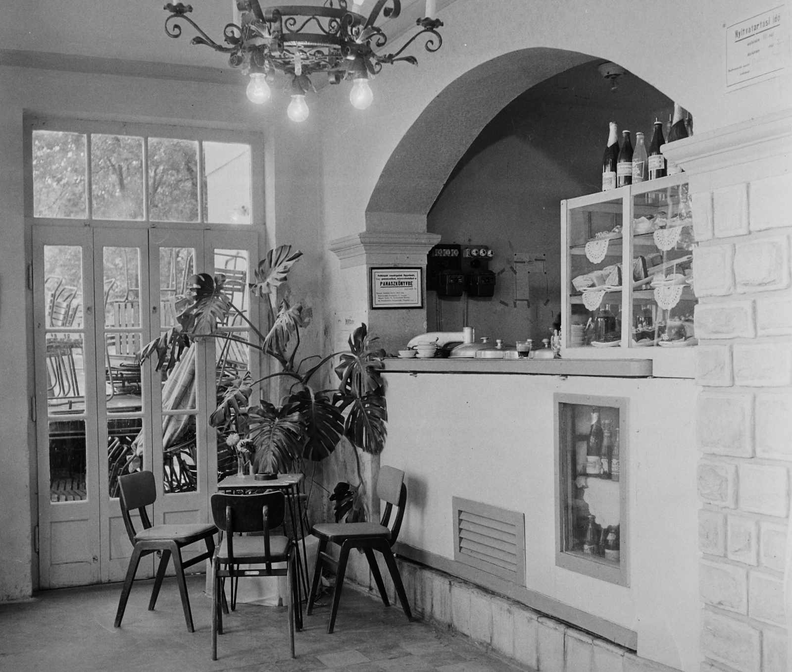Hungary,Lake Balaton, Révfülöp, Ibolya cukrászda a kikötőnél., 1961, Bauer Sándor, pastry shop, Monstera deliciosa, arch, Fortepan #111237