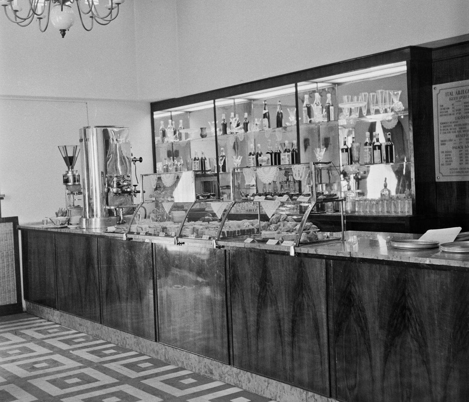 1962, Bauer Sándor, chandelier, counter, coffee machine, Fortepan #111549