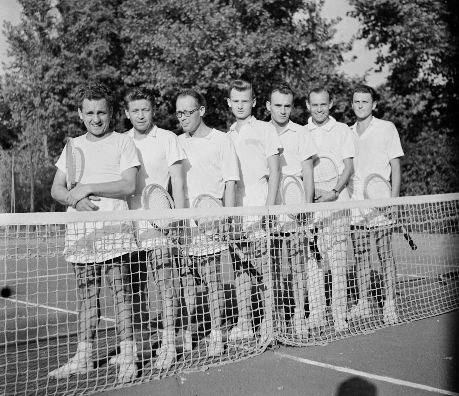 1959, Bauer Sándor, tableau, men, tennis court, tennis rackets, Fortepan #111588