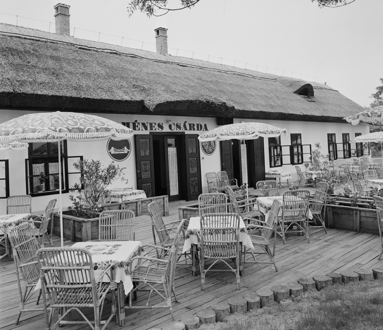 Magyarország,Balaton, Szántódpuszta, Ménes csárda., 1979, Bauer Sándor, cégtábla, napernyő, kerthelyiség, asztalterítő, leander, kerti bútor, csárda, nádbútor, virágláda, Fortepan #111794