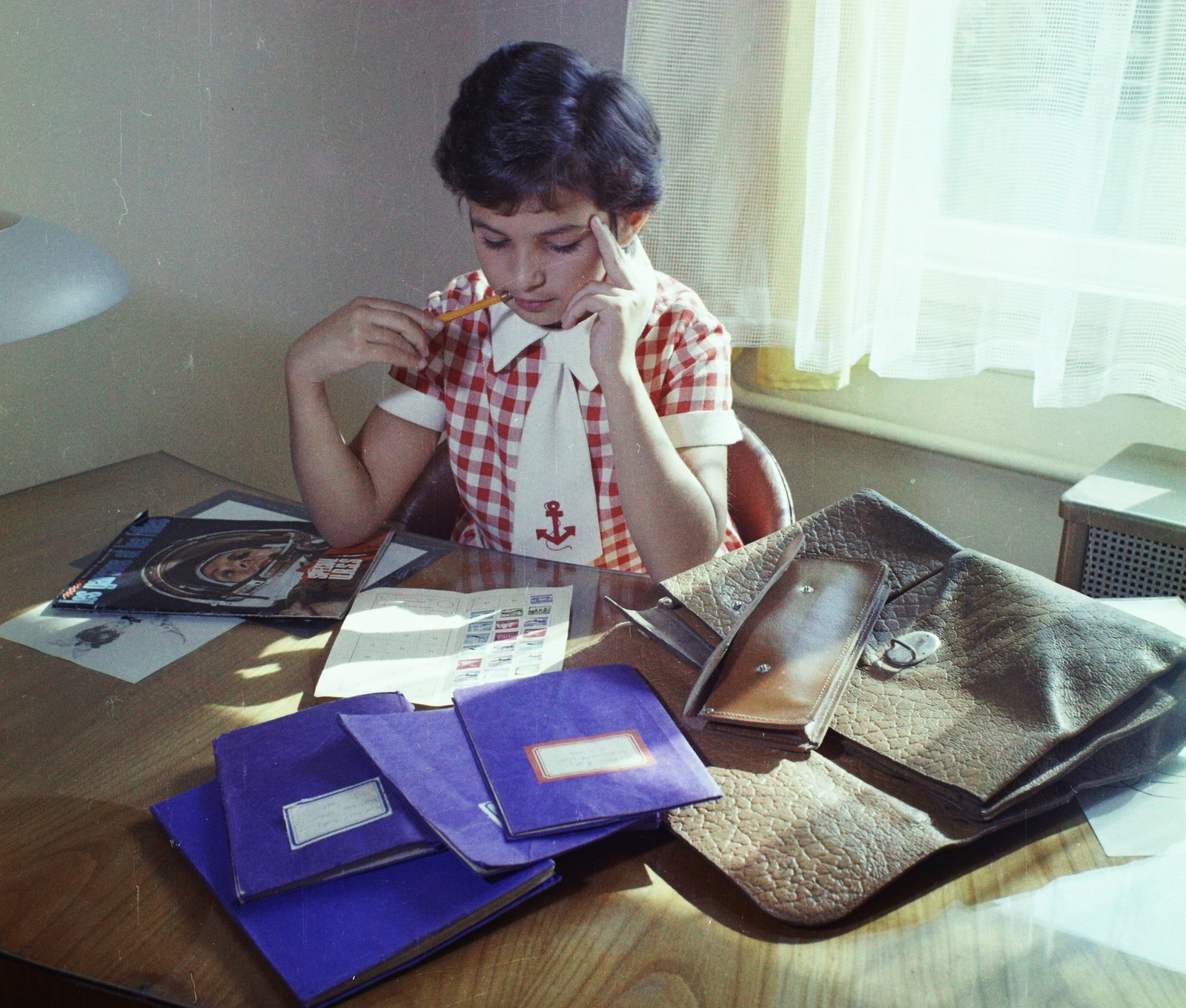 Hungary, 1967, Bauer Sándor, colorful, copybook, schoolbag, pencil case, saving stamps, Yuri Gagarin-portrayal, Fortepan #111987