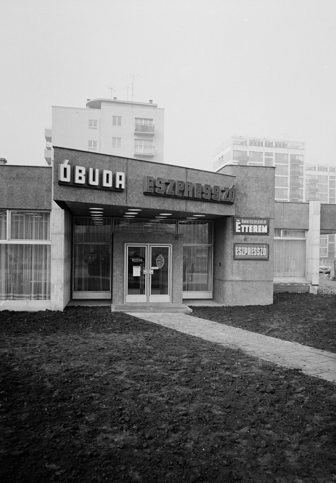 Hungary, Óbuda, Budapest III., Vörösvári út 54-56., Óbuda eszpresszó, étterem., 1973, Bauer Sándor, neon sign, Budapest, Fortepan #112023