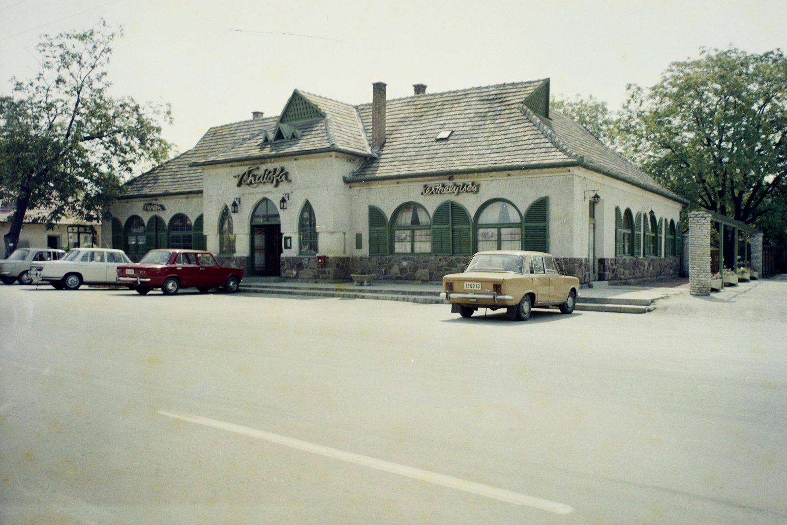 Magyarország, Balatonszárszó, 7-es főút, Kossuth utca 2., Véndiófa étterem., 1972, Bauer Sándor, színes, Lada-márka, Polski Fiat 125p, neon felirat, Fortepan #112049