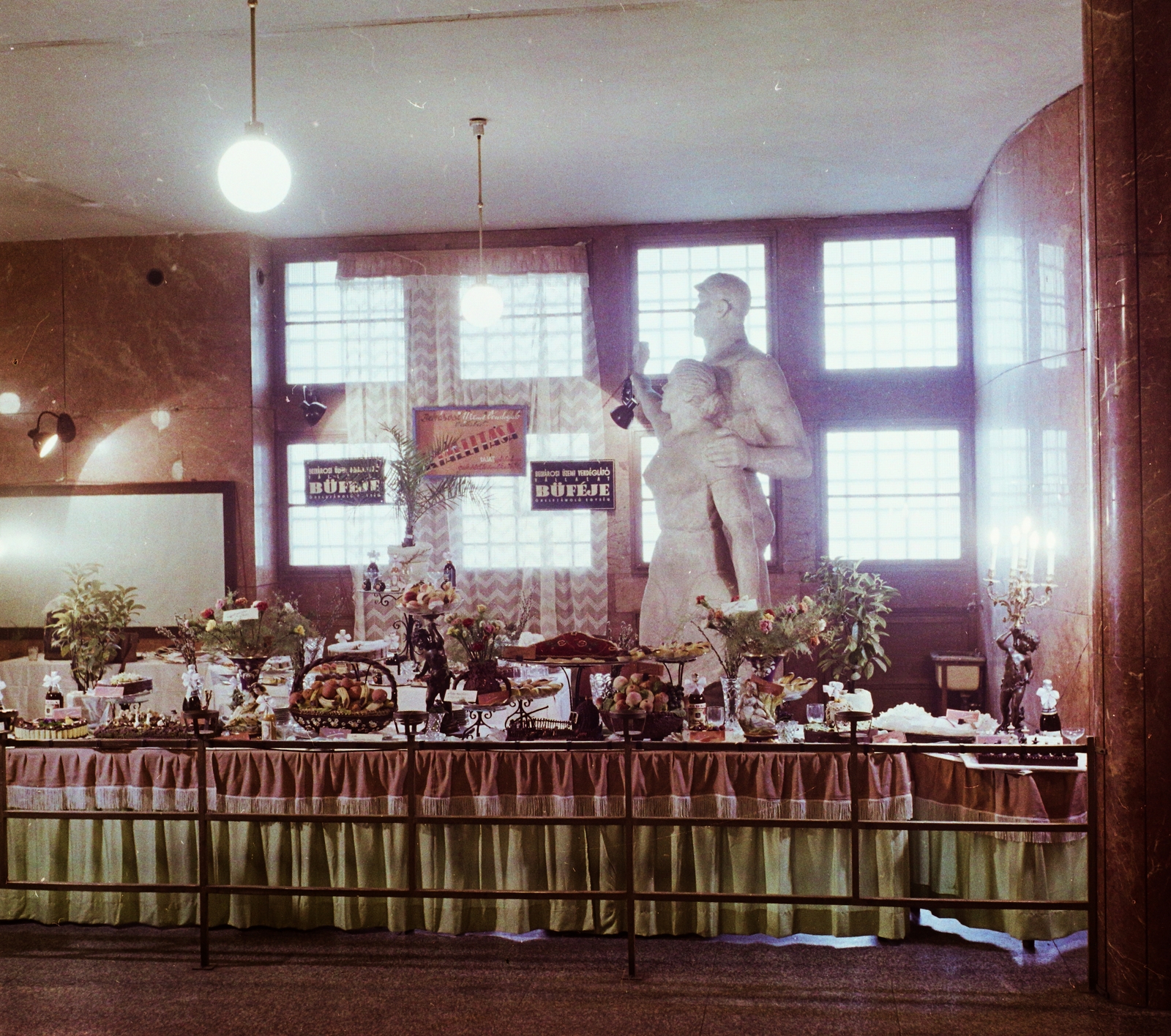 1959, Bauer Sándor, colorful, label, sculpture, buffet, exhibition, pastry, confectioner, decorative lamps, fruitbowl, Fortepan #112199