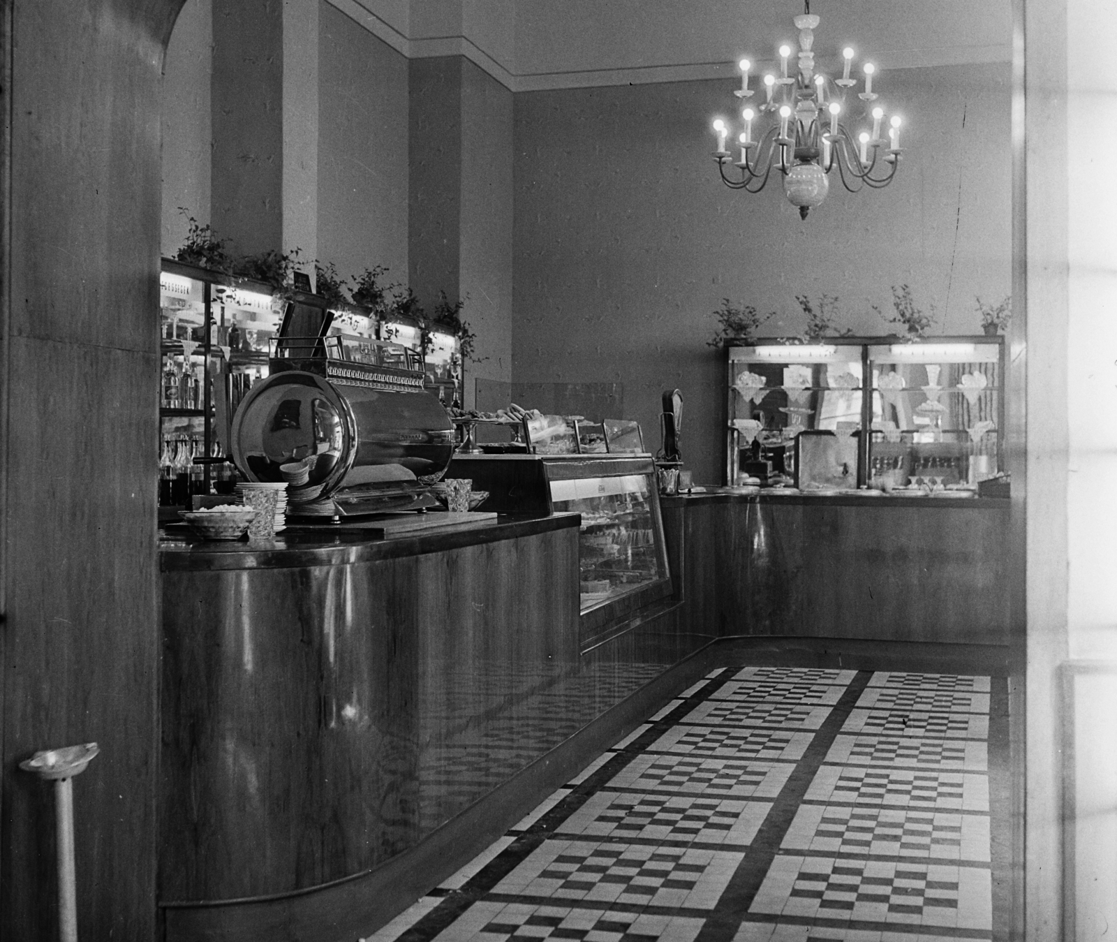 Magyarország, Budapest VIII., József körút 31/b, Rózsa eszpresszó., 1962, Bauer Sándor, csillár, hamutartó, kávéfőző, hűtőpult, faburkolat, Budapest, Fortepan #113004