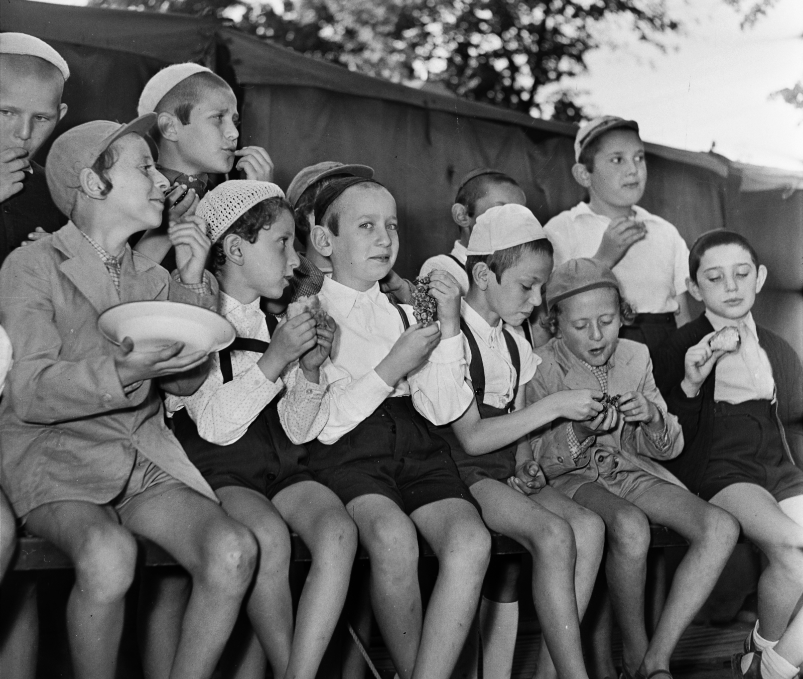 Hungary, Budapest XII., Buda­pesti Izraelita Hitközség Or­todox Tagozatának Szabadság-hegyi gyermeküdülője., 1959, Bauer Sándor, religion, fashion, meal, yard, tableau, kids, cap, boys, judaism, Budapest, sideburns, Fortepan #113005