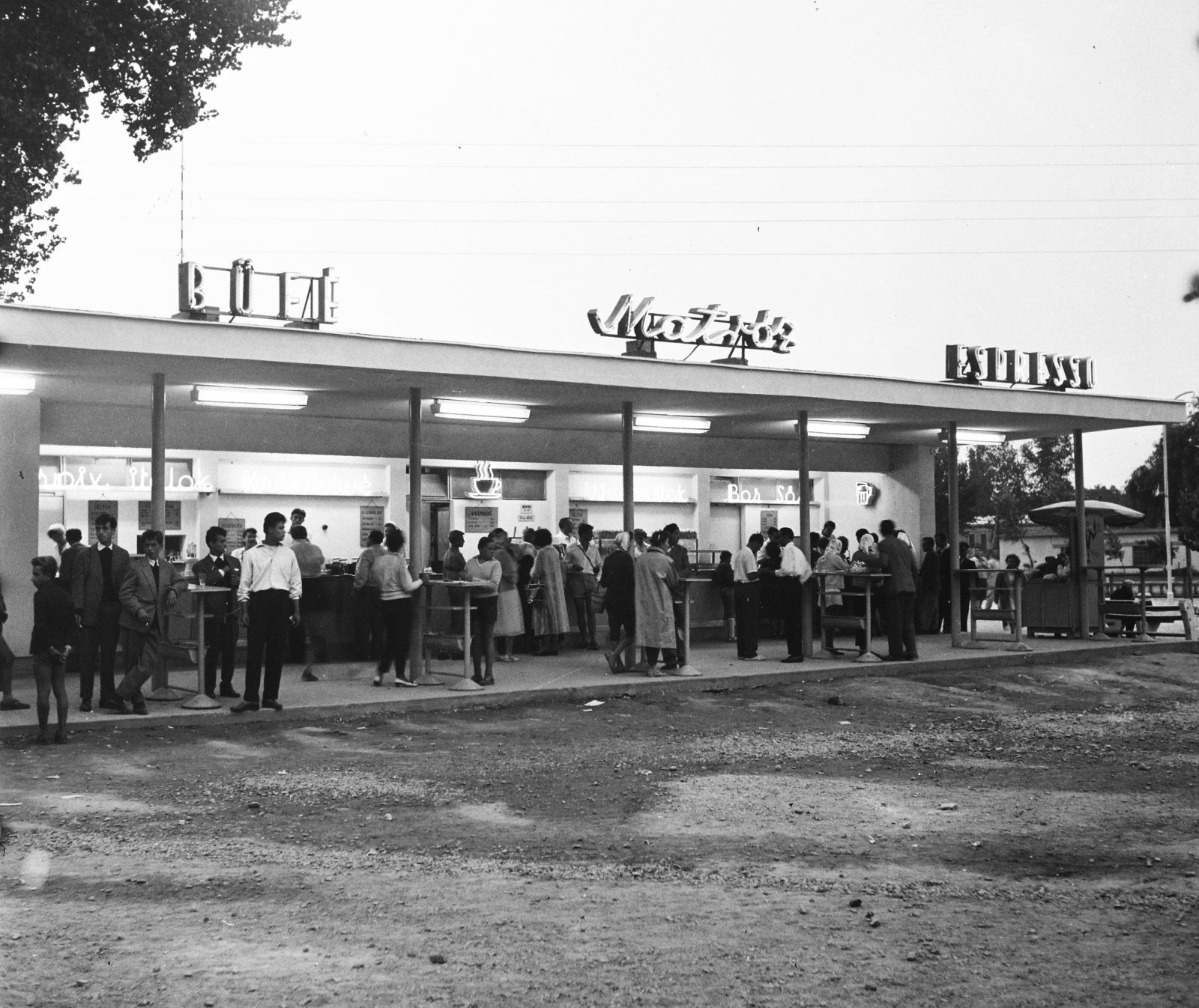 Hungary,Lake Balaton, Siófok, a Matróz büfé a hajóállomásnál., 1959, Bauer Sándor, espresso, buffet, neon sign, Fortepan #113290