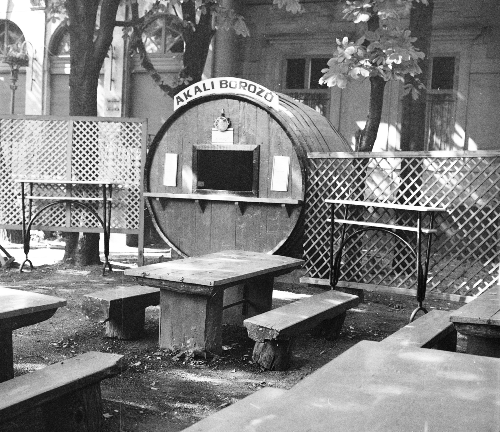 Hungary, 1974, Bauer Sándor, barrel, bench, garden trellises, Fortepan #113437